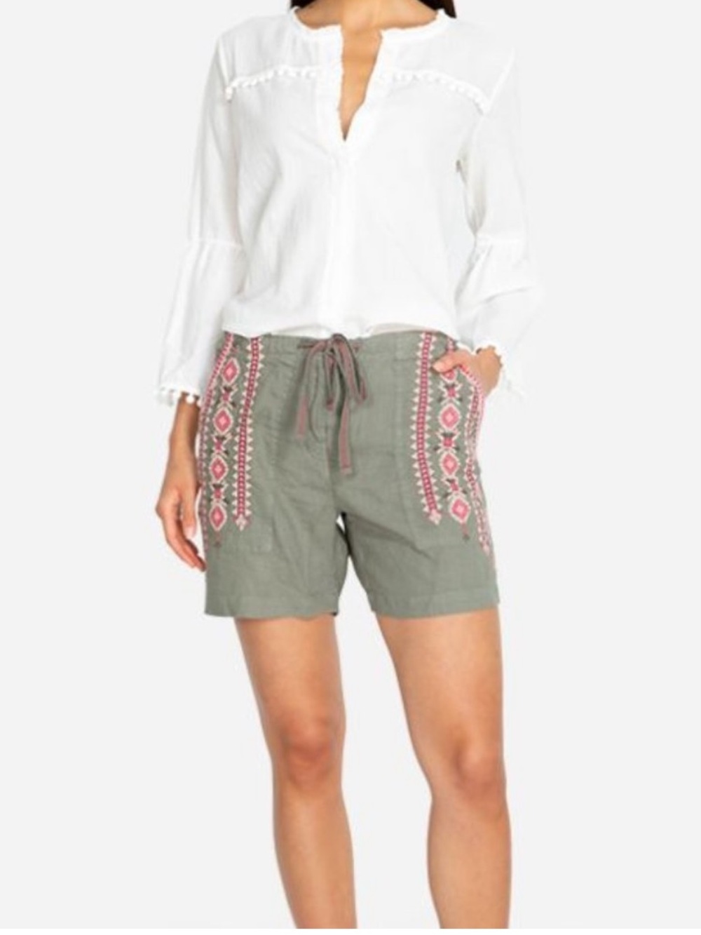 Johnny Was Sabriya Olive Embroidered Linen Women’s Shorts - Medium